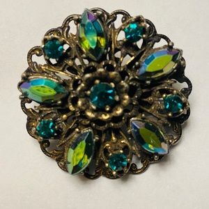 Vintage Aqua, Green & Gold Pin in Floral Design
